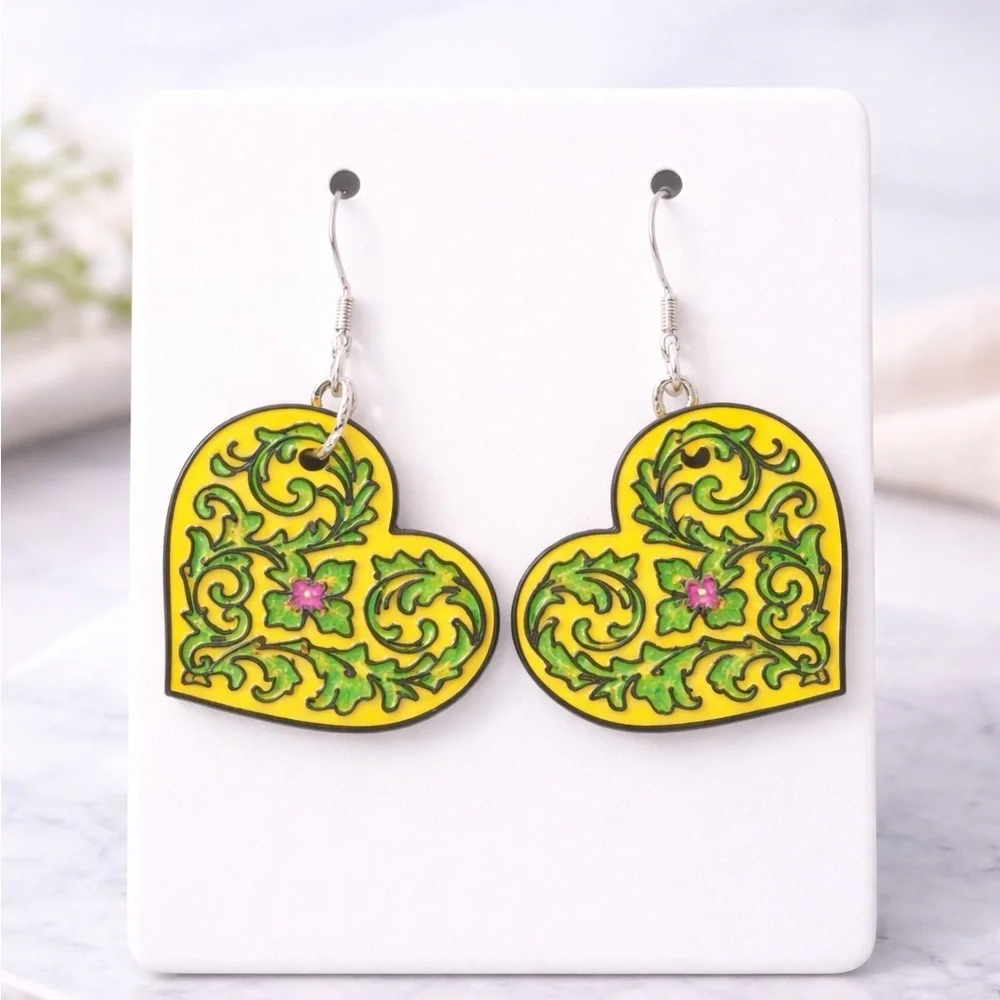 Yellow and Green Heart‎ Earrings